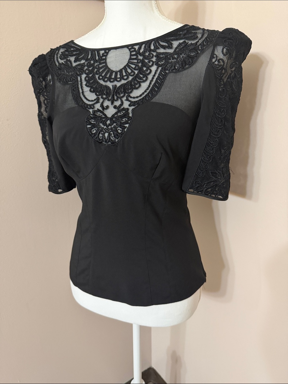 Karen Millen Black Lace Yoke Puff Sleeve Top with some stretch